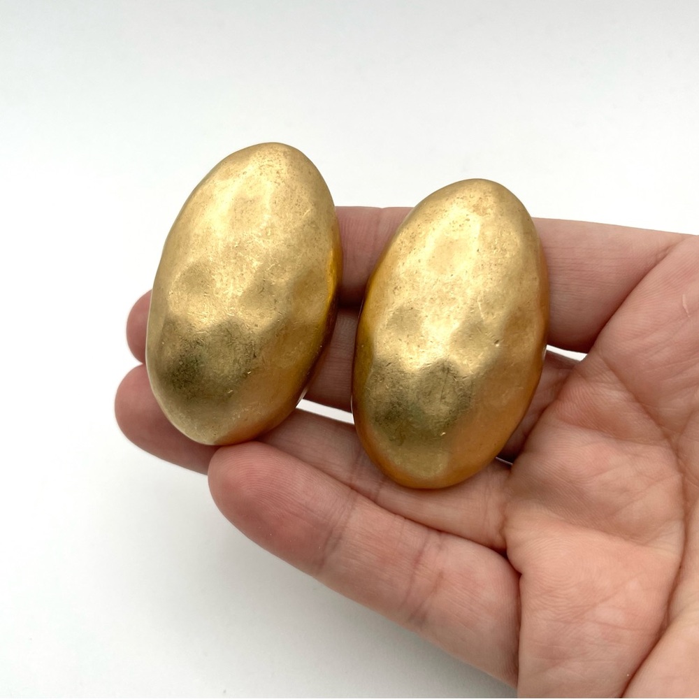 Vintage Large Gold Tone Hammered Clip On 80s 90s Statement Maximalist Earrings